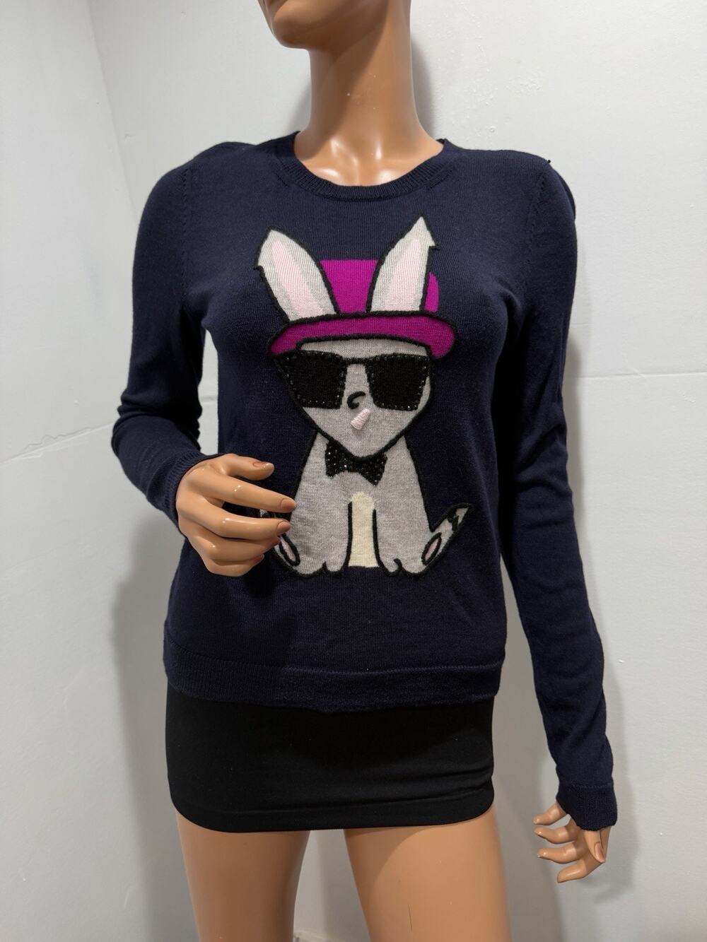 Alicia Olivia Sweater Navy Decorated With Rabbit Wearing Glasses Size XS